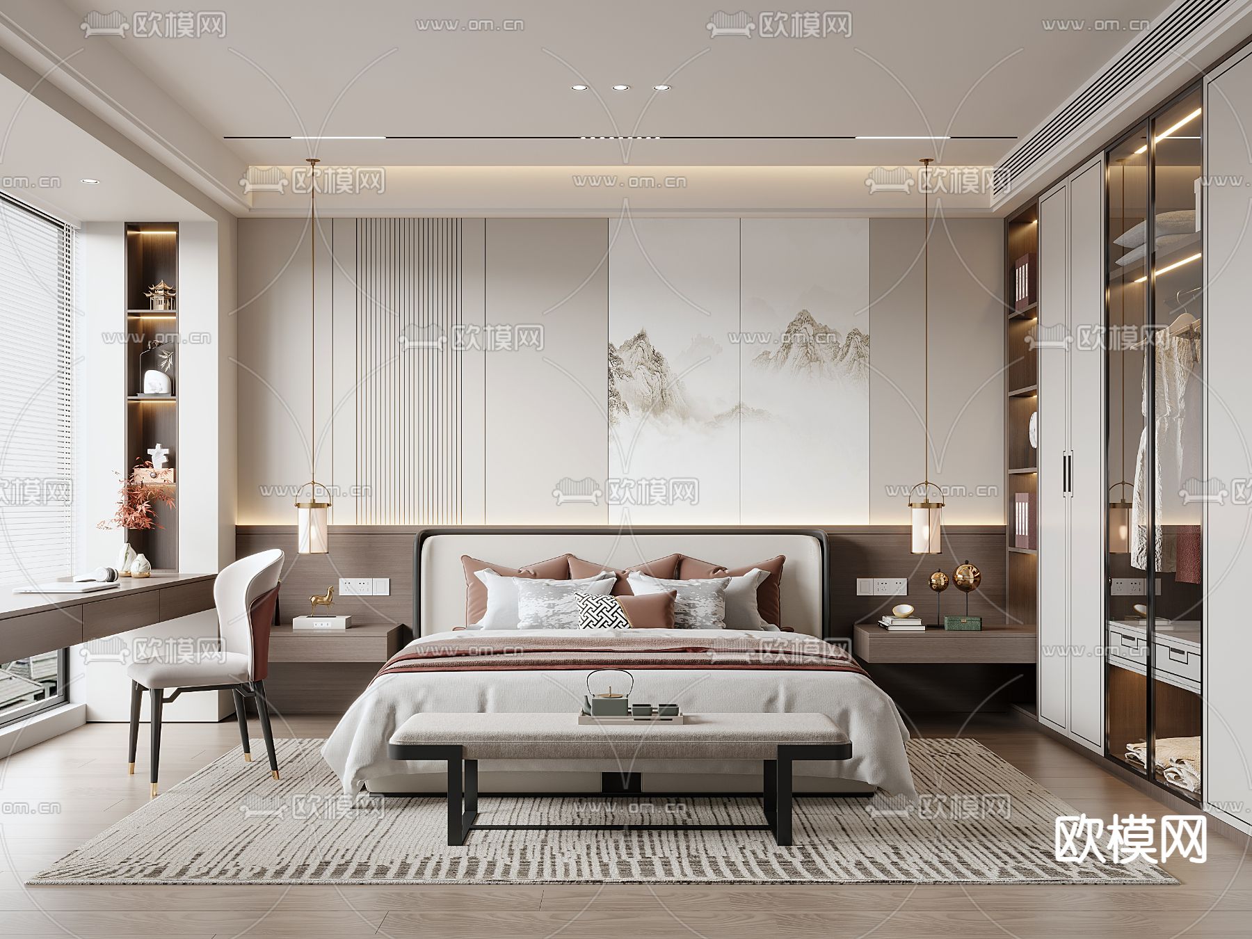 新中式卧室 主人房3d模型下载