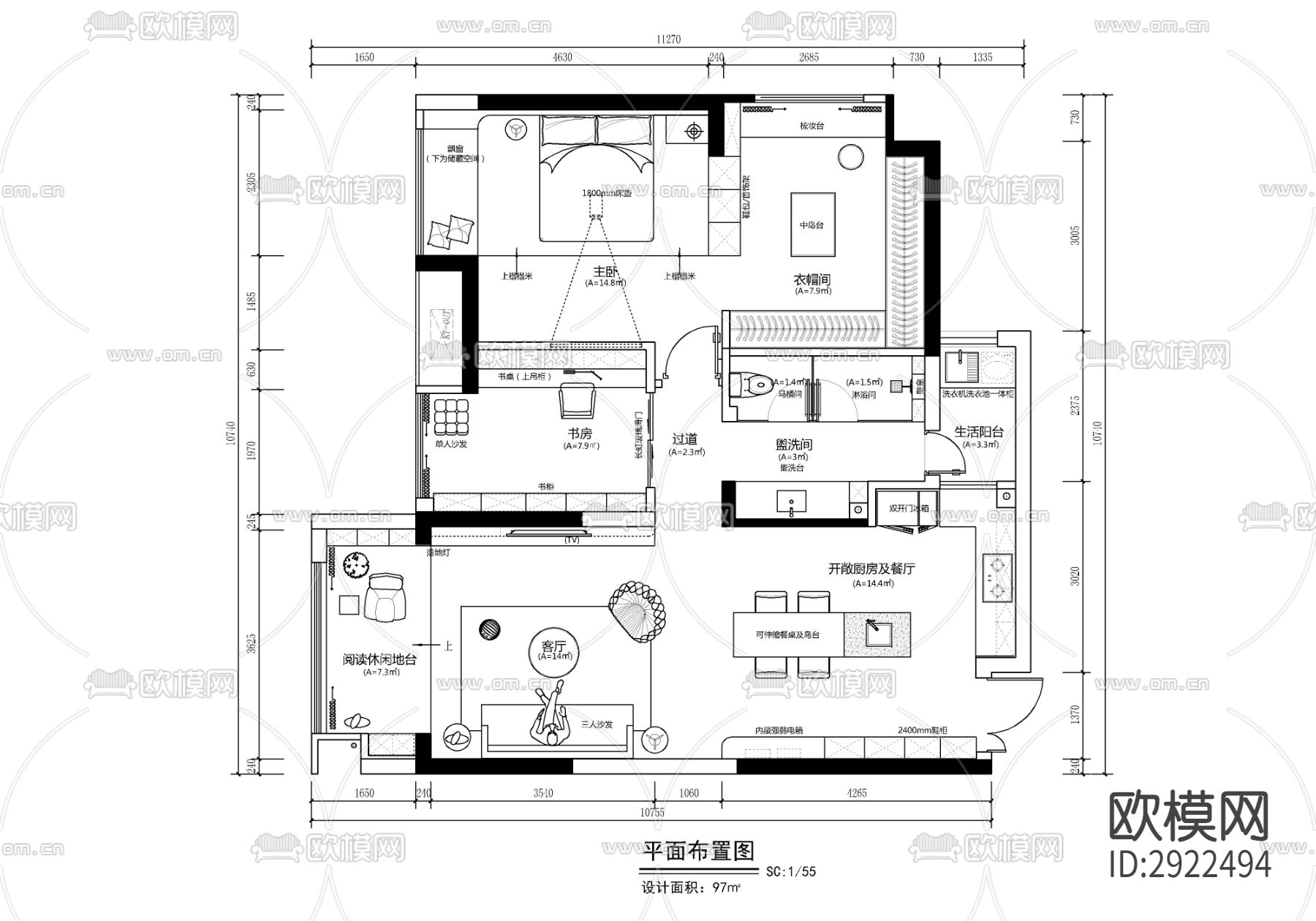 97㎡私宅家装平面方案图 家装 私宅 彩平 样板房 公寓cad施工图下载（渲染图3）