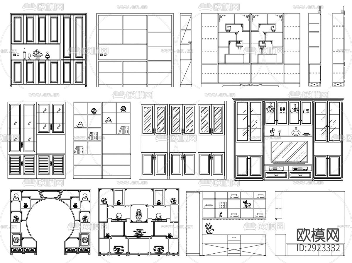 装饰柜书柜设计素材cad图库下载（渲染图1）