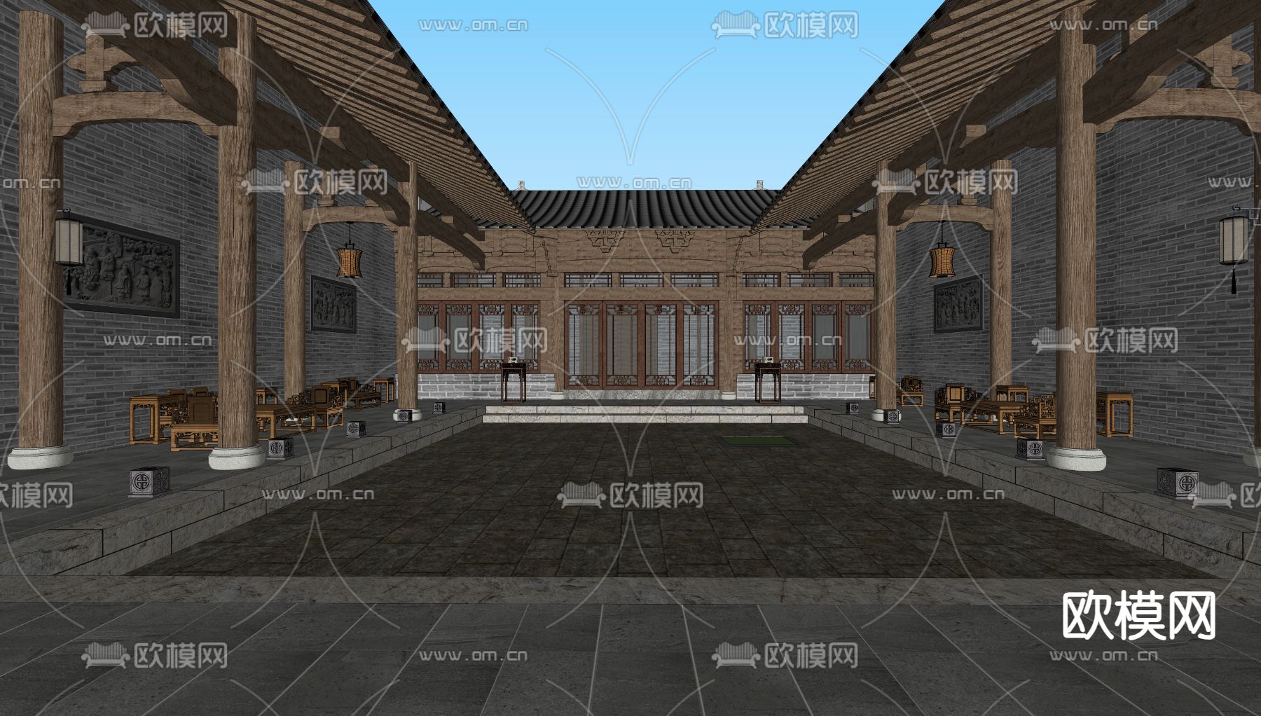 新中式四合院 庭院su模型下载（渲染图2）
