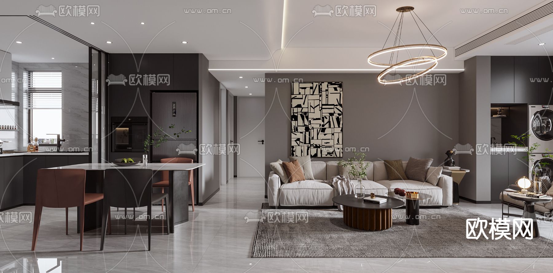 高级灰客厅 餐厅3d模型下载（渲染图1）
