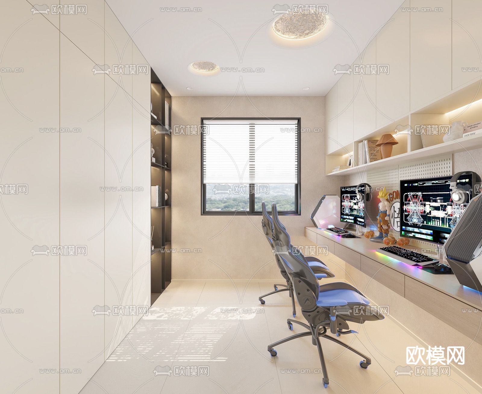 奶油风电竞房 书房su模型下载（渲染图1）