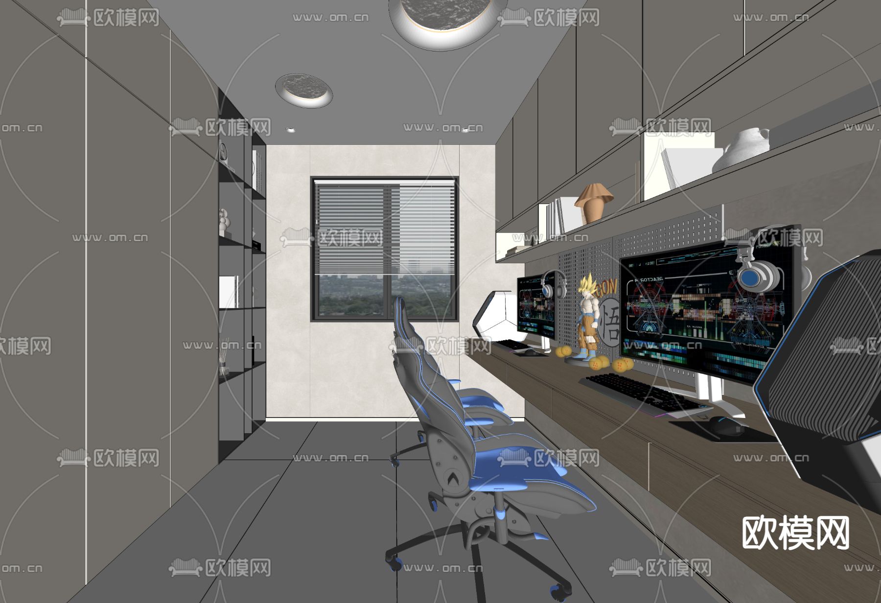 奶油风电竞房 书房su模型下载（渲染图2）