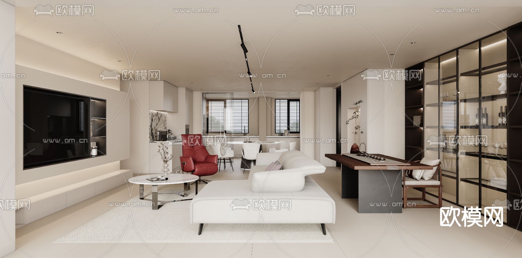 奶油风客餐厅3d模型下载（渲染图1）