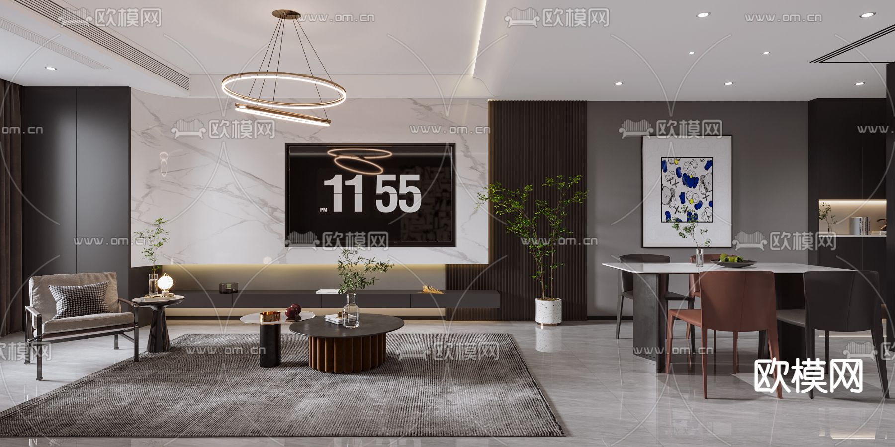 高级灰客厅 餐厅3d模型下载（渲染图2）