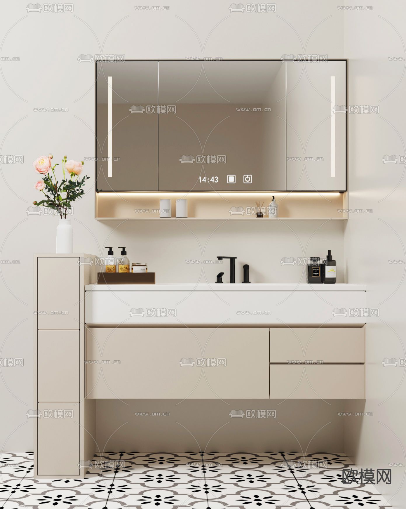 奶油风浴室柜 洗手台 洗手盆3d模型下载