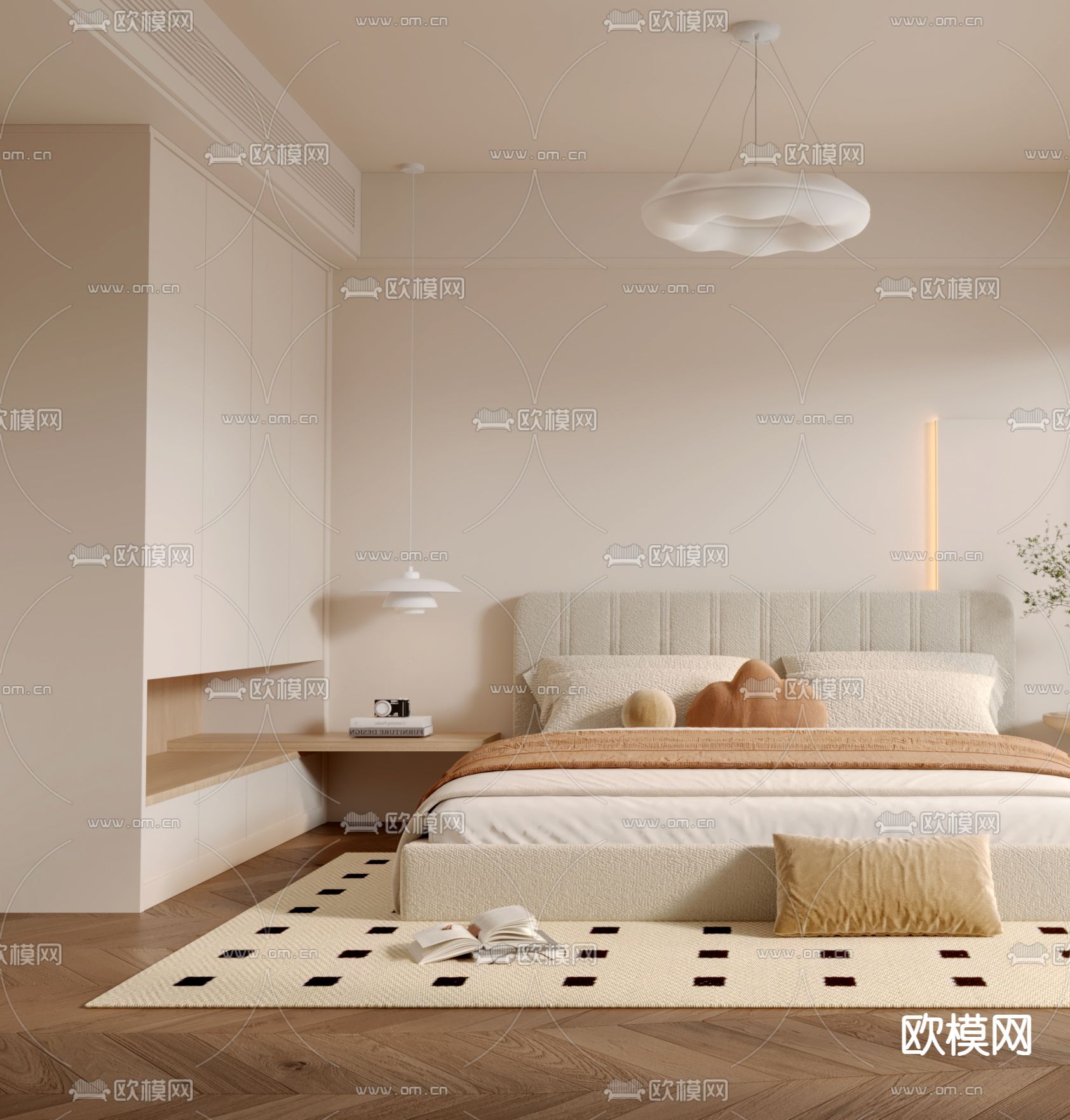 奶油风卧室 主卧 主人房3d模型下载（渲染图2）