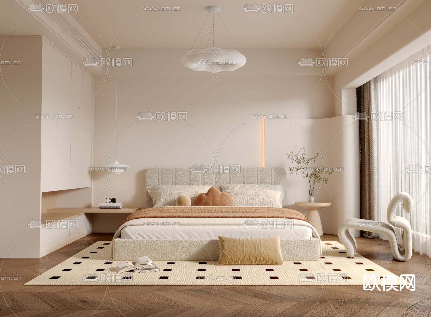 奶油风卧室 主卧 主人房3d模型下载（渲染图1）