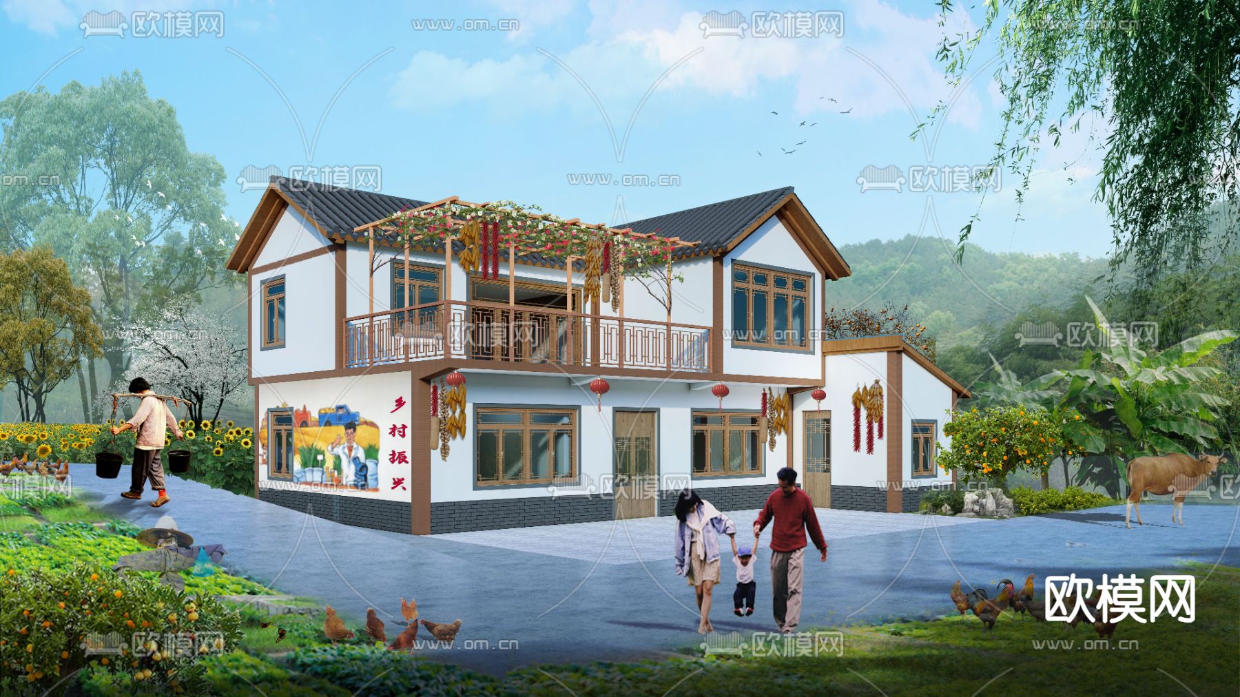 新中式民居民宿su模型下载（渲染图2）