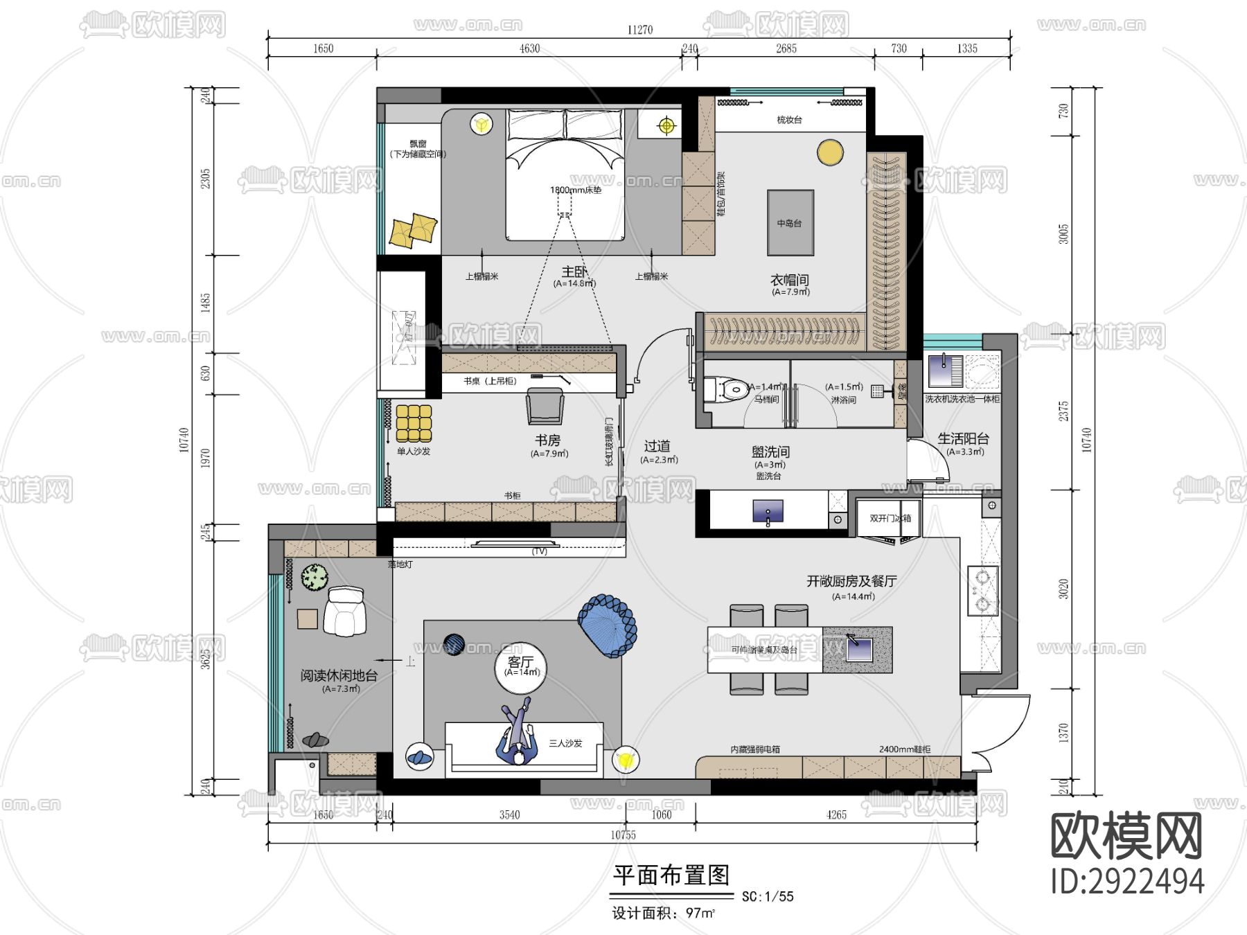 97㎡私宅家装平面方案图 家装 私宅 彩平 样板房 公寓cad施工图下载（渲染图1）