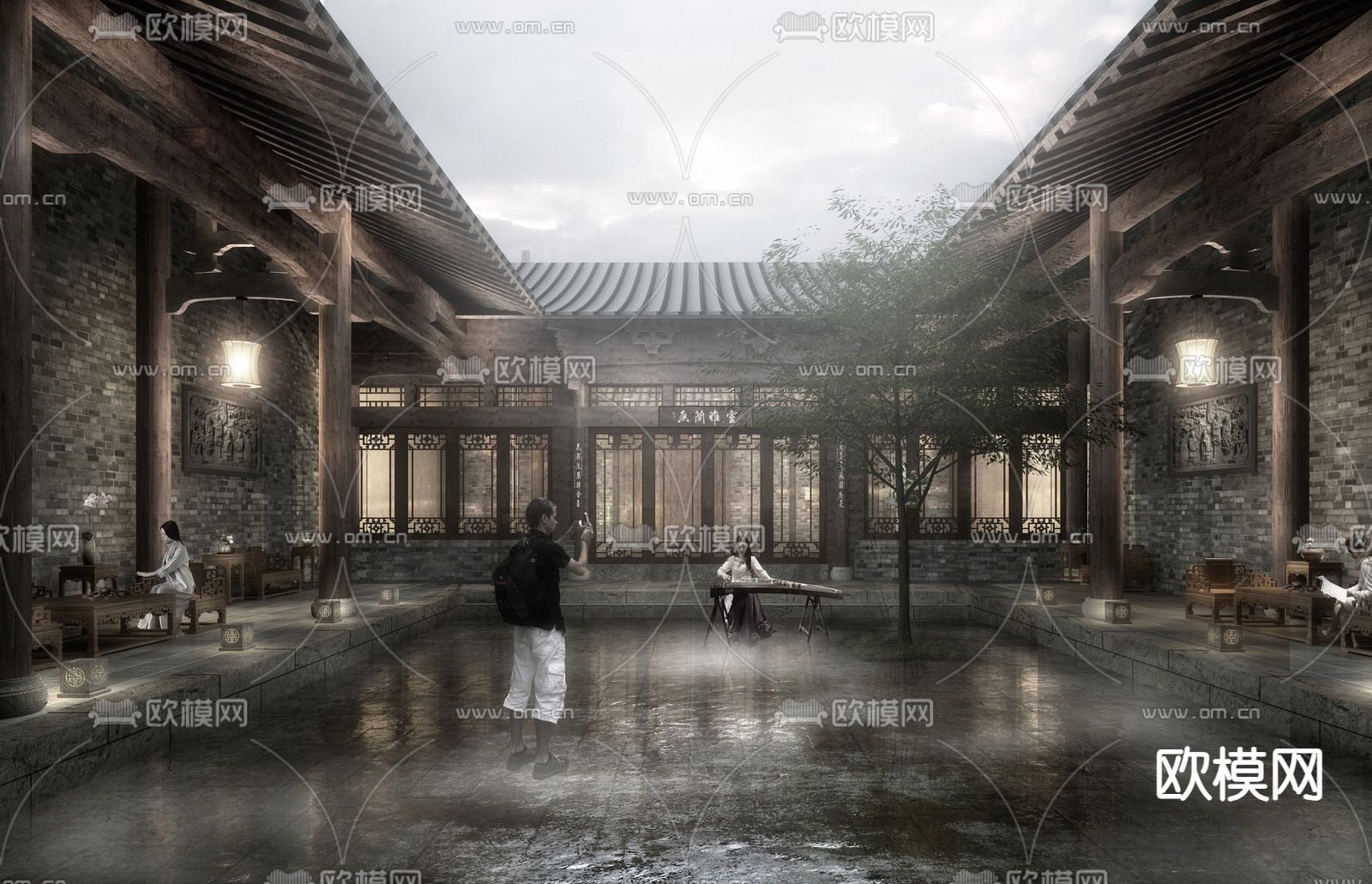 新中式四合院 庭院su模型下载（渲染图1）