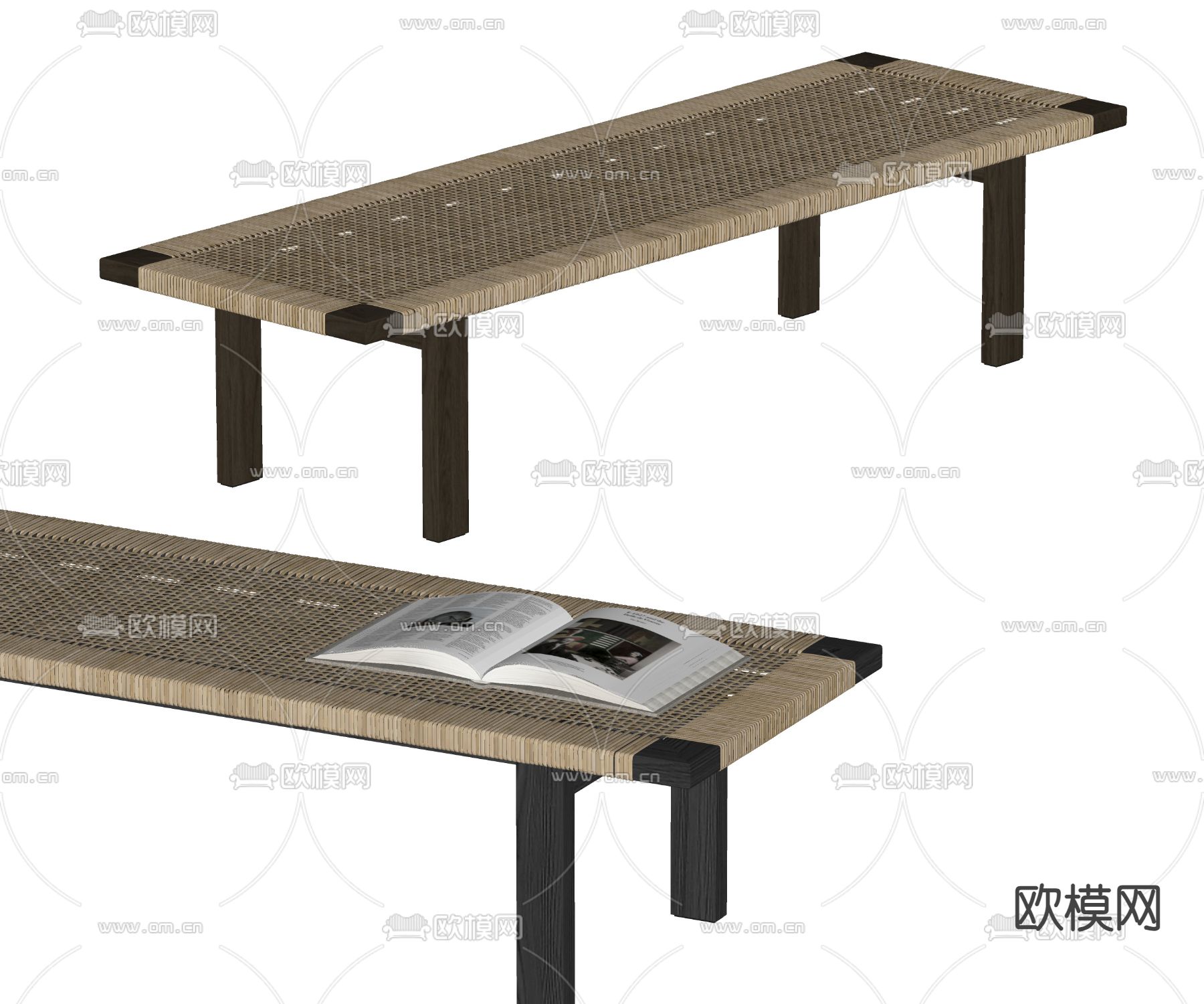日式原木长凳 藤编长凳su模型下载（渲染图2）