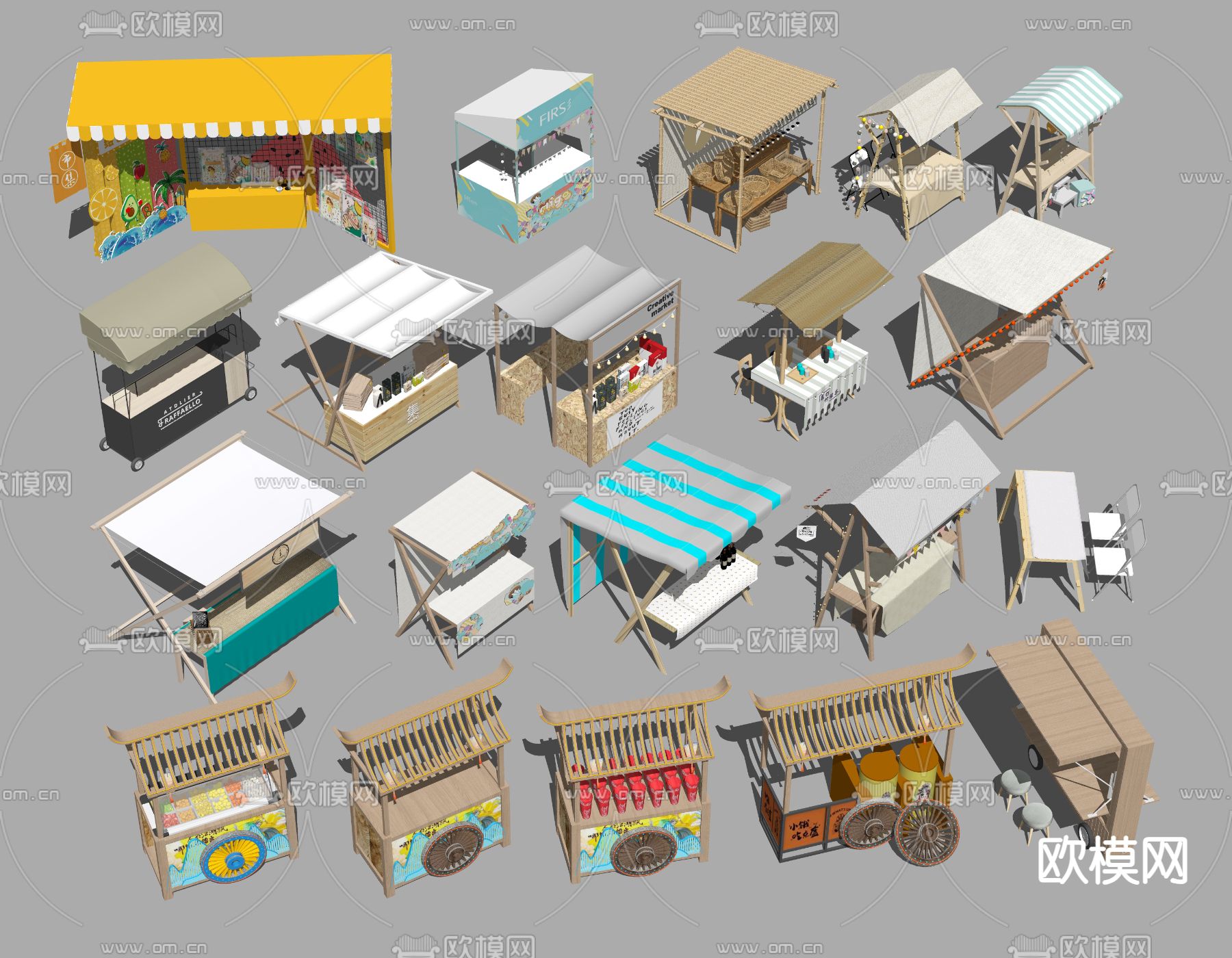 摊位 集市 夜市 小吃摊su模型下载（渲染图2）