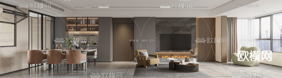 现代客厅 餐厅3d模型下载(渲染图2)