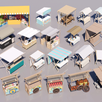  摊位 集市 夜市 小吃摊su模型 