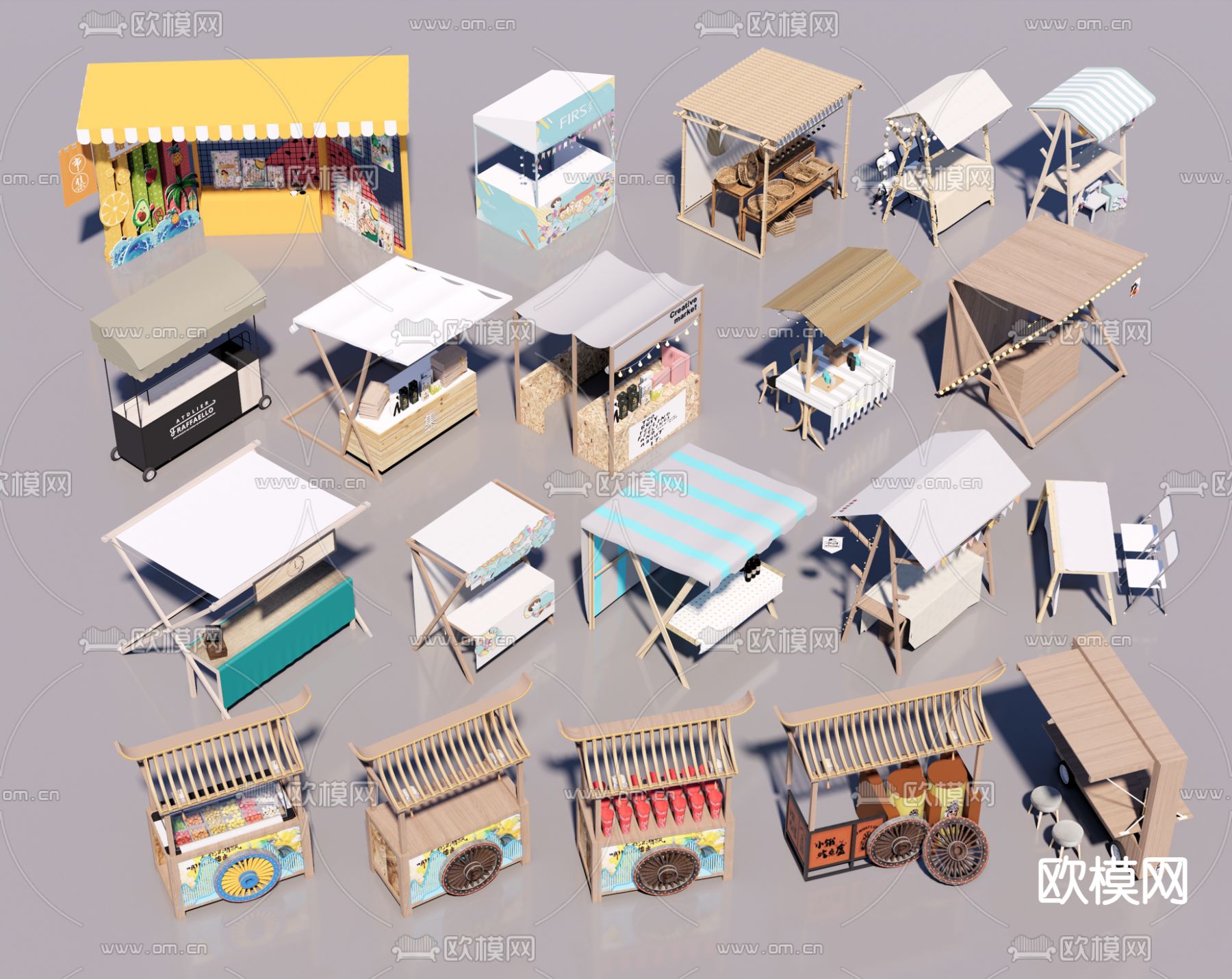 摊位 集市 夜市 小吃摊su模型下载（渲染图1）