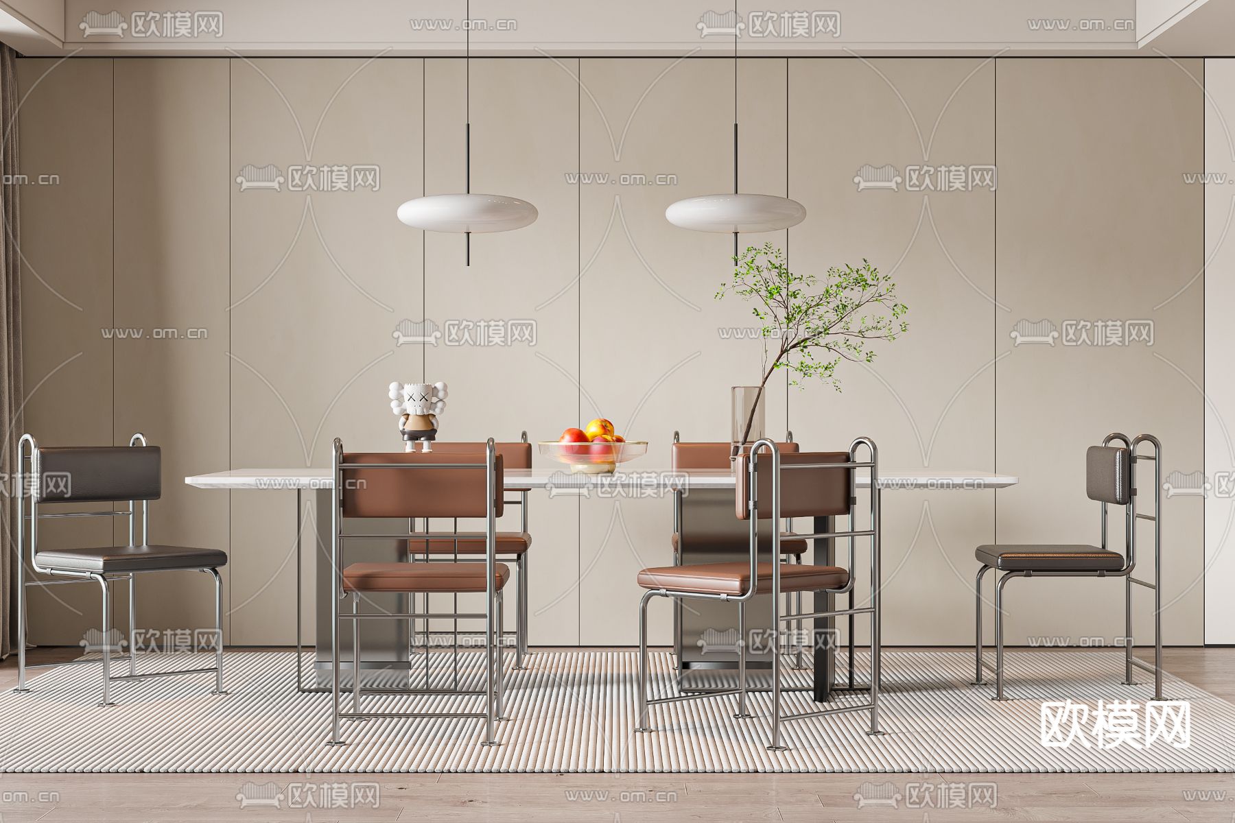 奶油风餐桌椅 条形餐桌3d模型下载