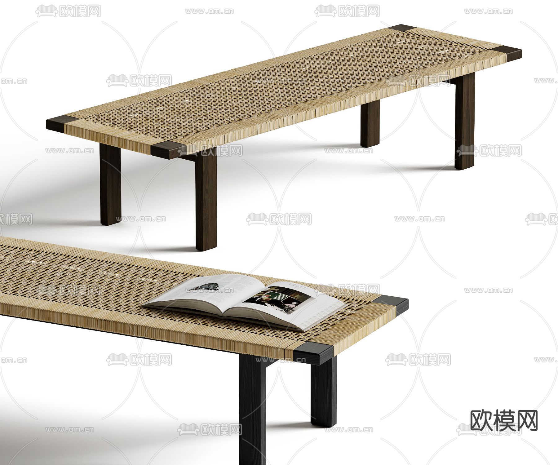 日式原木长凳 藤编长凳su模型下载（渲染图1）