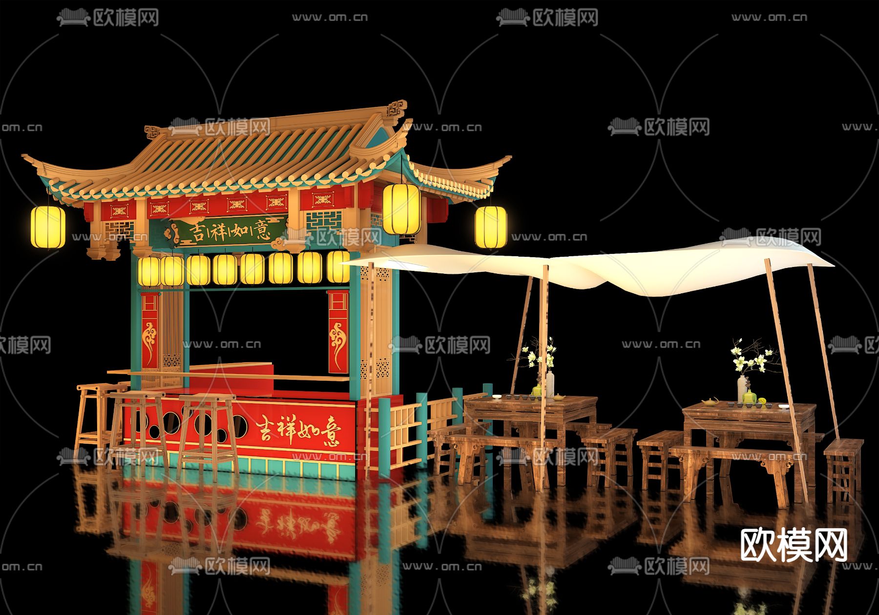 中式花车 商业摊位 移动推车3d模型下载