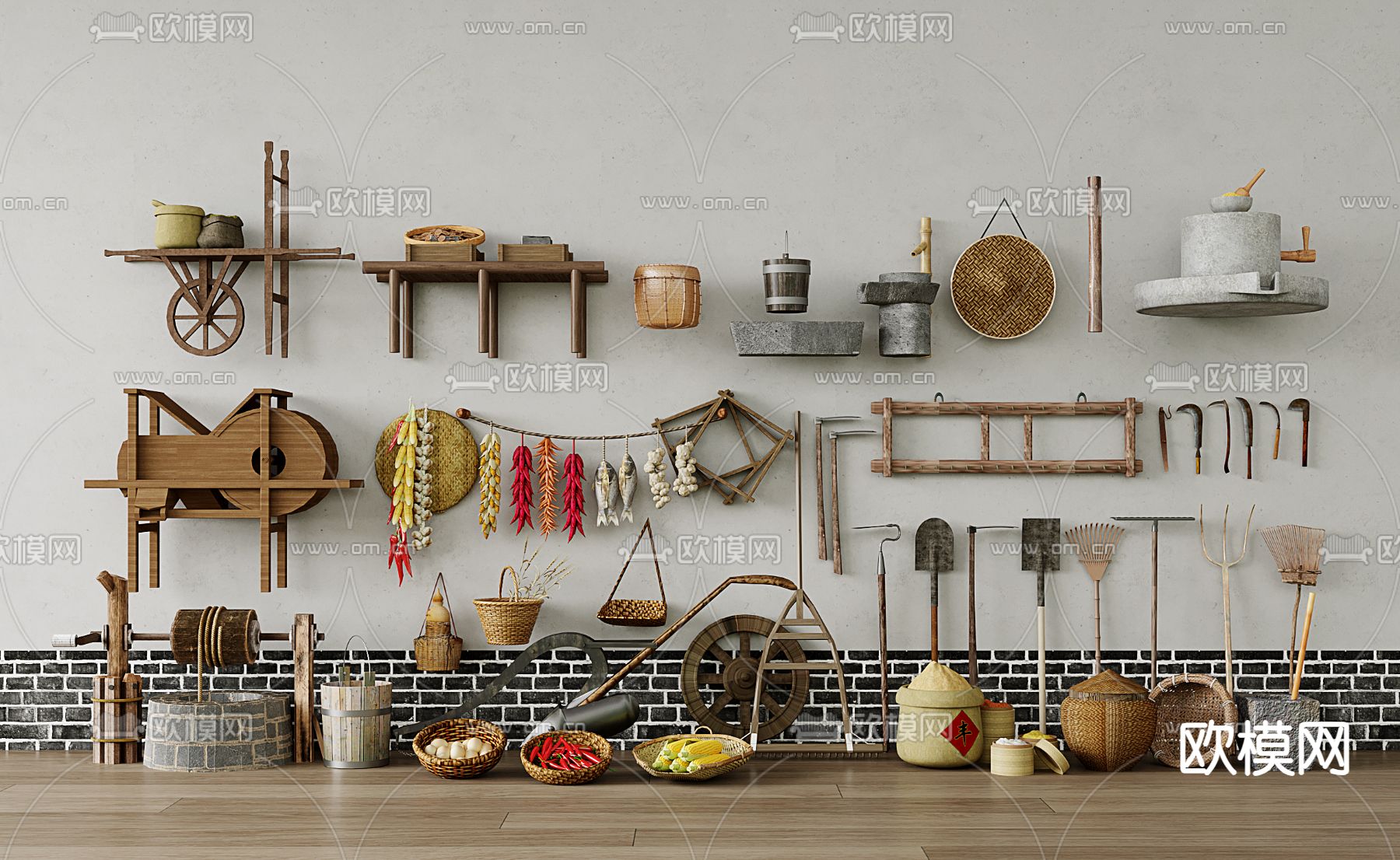 中式农具小品 水井水桶 石磨 耙子 农产品3d模型下载