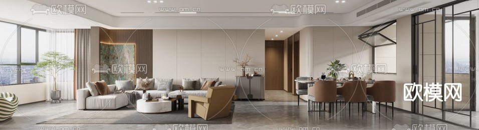 现代客厅 餐厅3d模型下载(渲染图1)