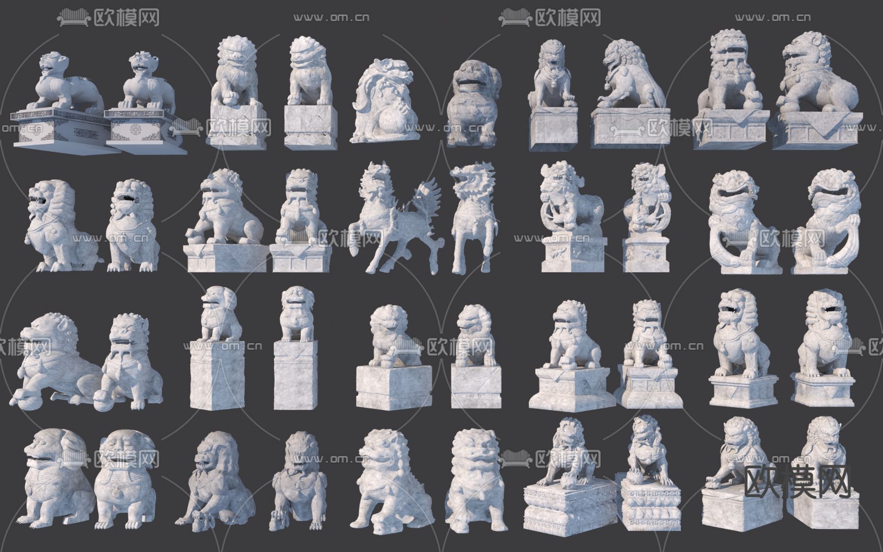 中式石狮子 神兽雕塑 麒麟石像 貔貅3d模型下载