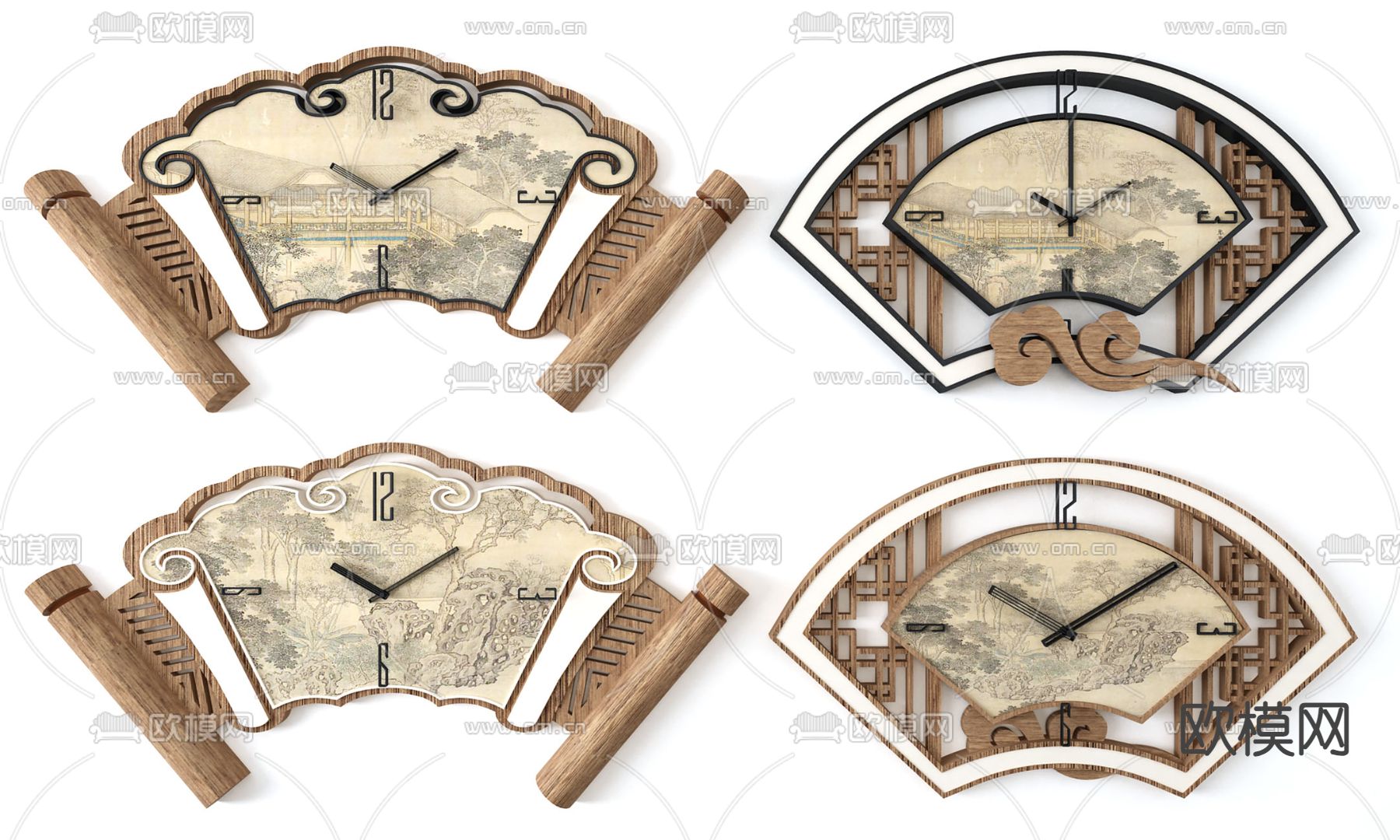 新中式挂钟 扇形钟表3d模型下载