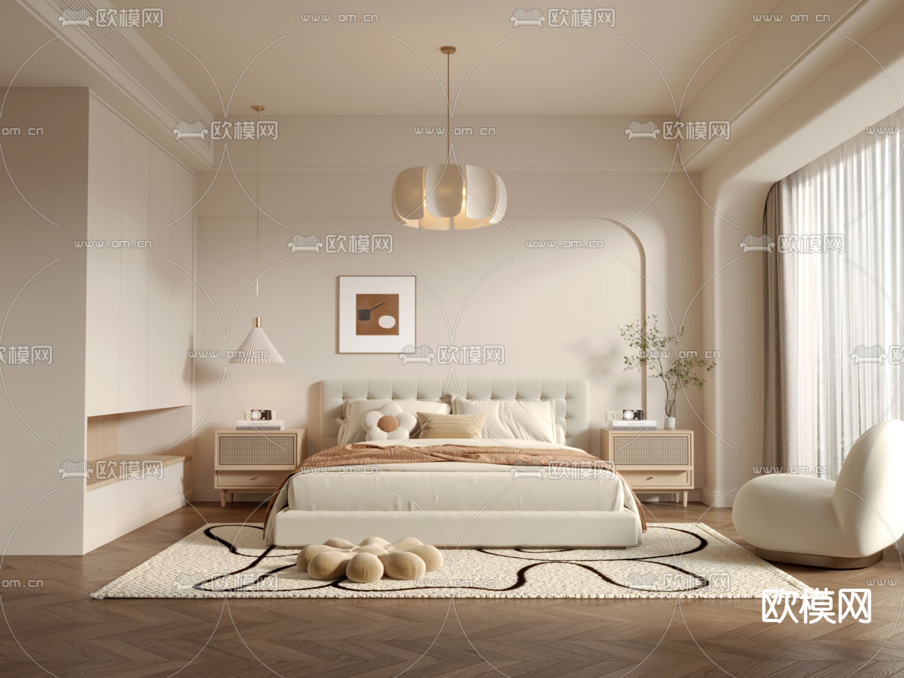 奶油风卧室 主卧 主人房3d模型下载（渲染图1）