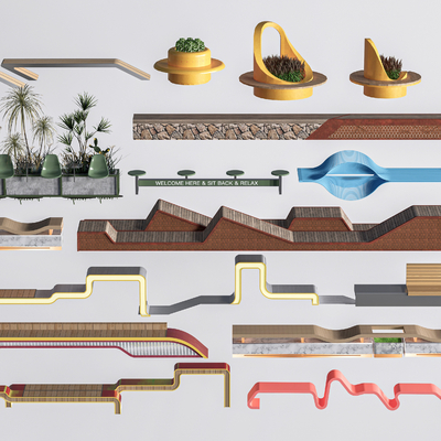  现代景观座椅 户外长椅su模型 