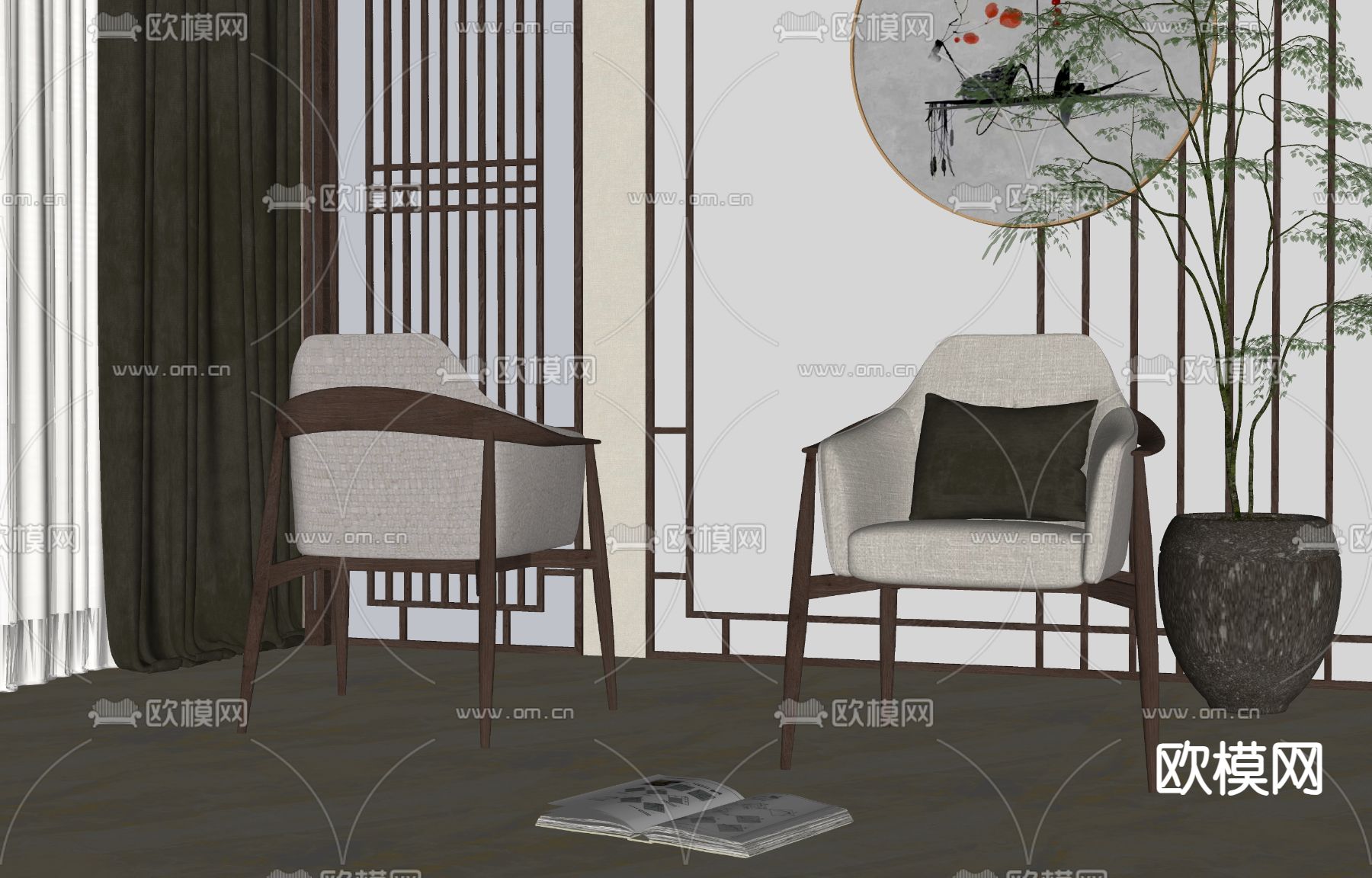 新中式餐椅su模型下载（渲染图2）