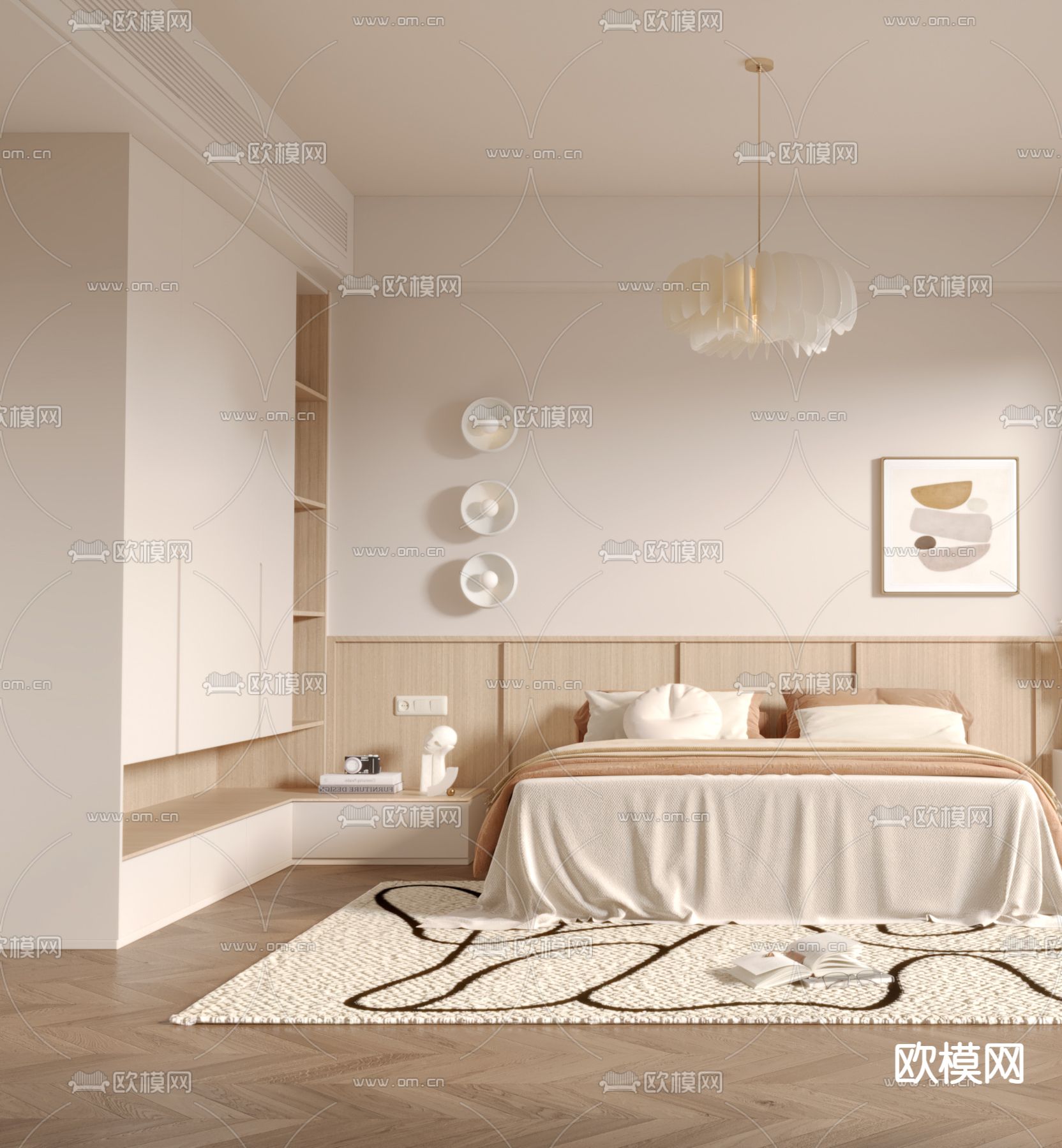 奶油风卧室 主卧 主人房3d模型下载（渲染图2）