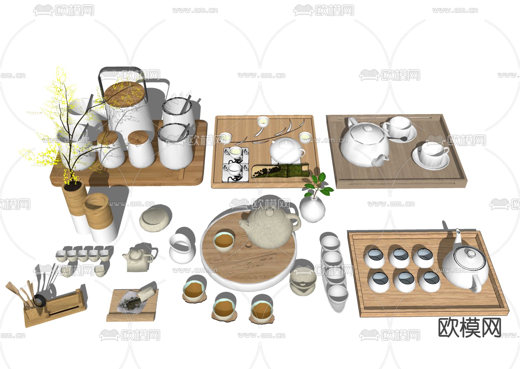 中式茶具 茶壶茶盘su模型下载（渲染图1）