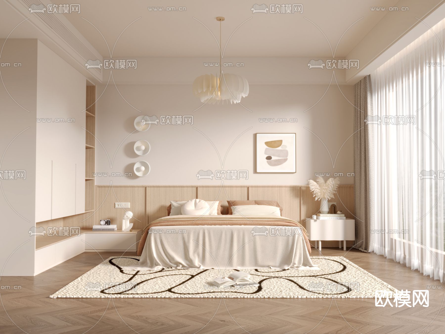 奶油风卧室 主卧 主人房3d模型下载（渲染图1）