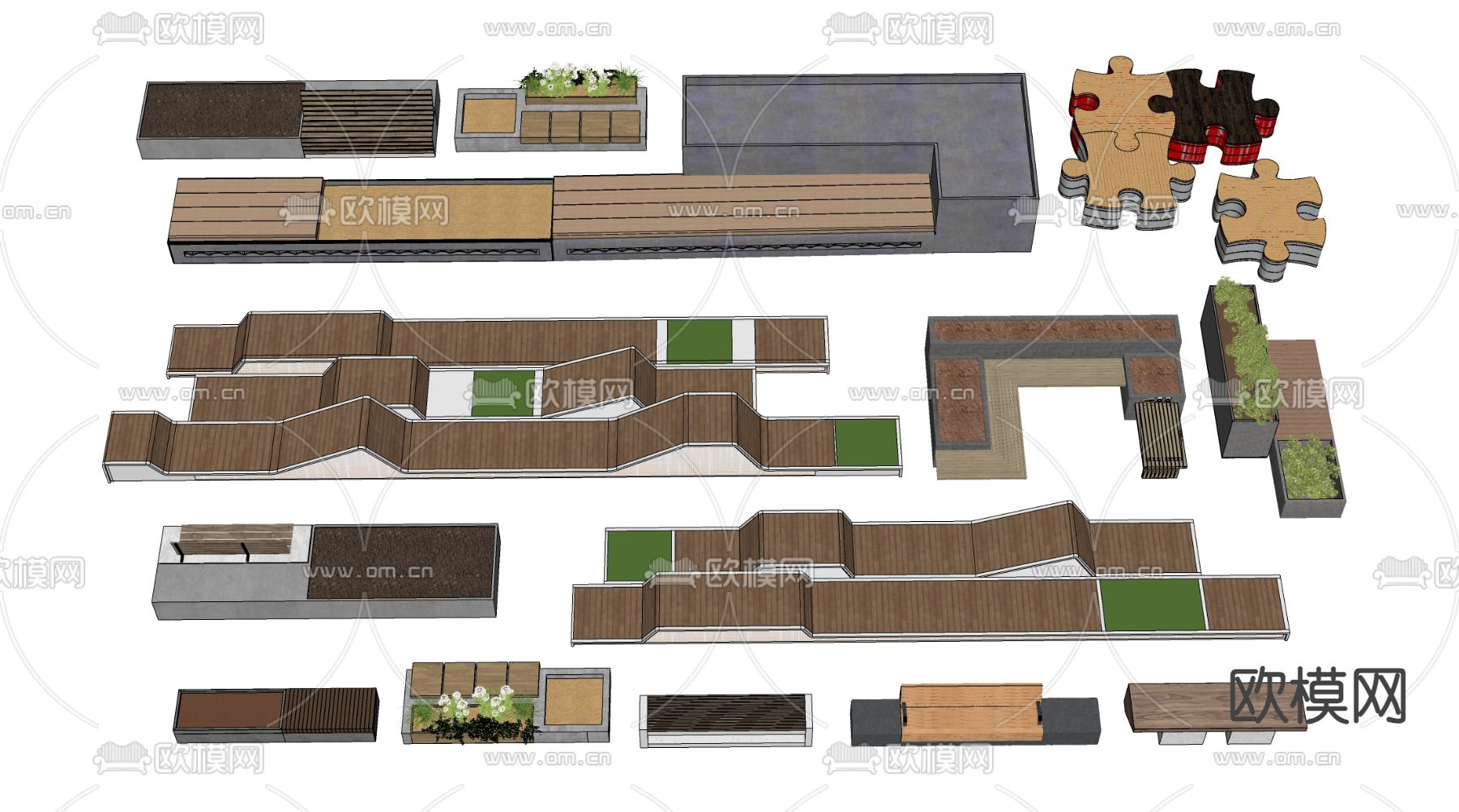 景观座椅 户外长椅 条形椅su模型下载（渲染图2）