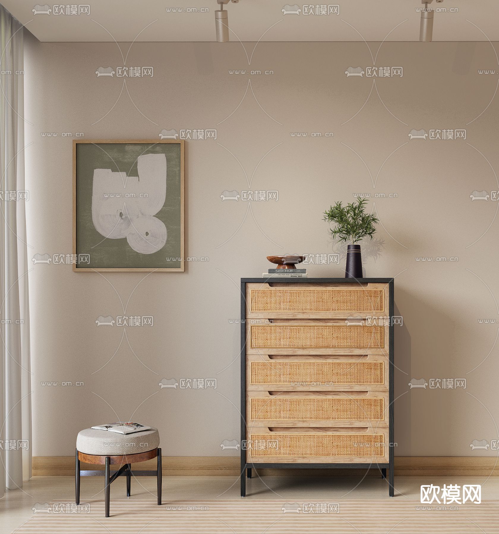 侘寂风斗柜 藤编边柜3d模型下载