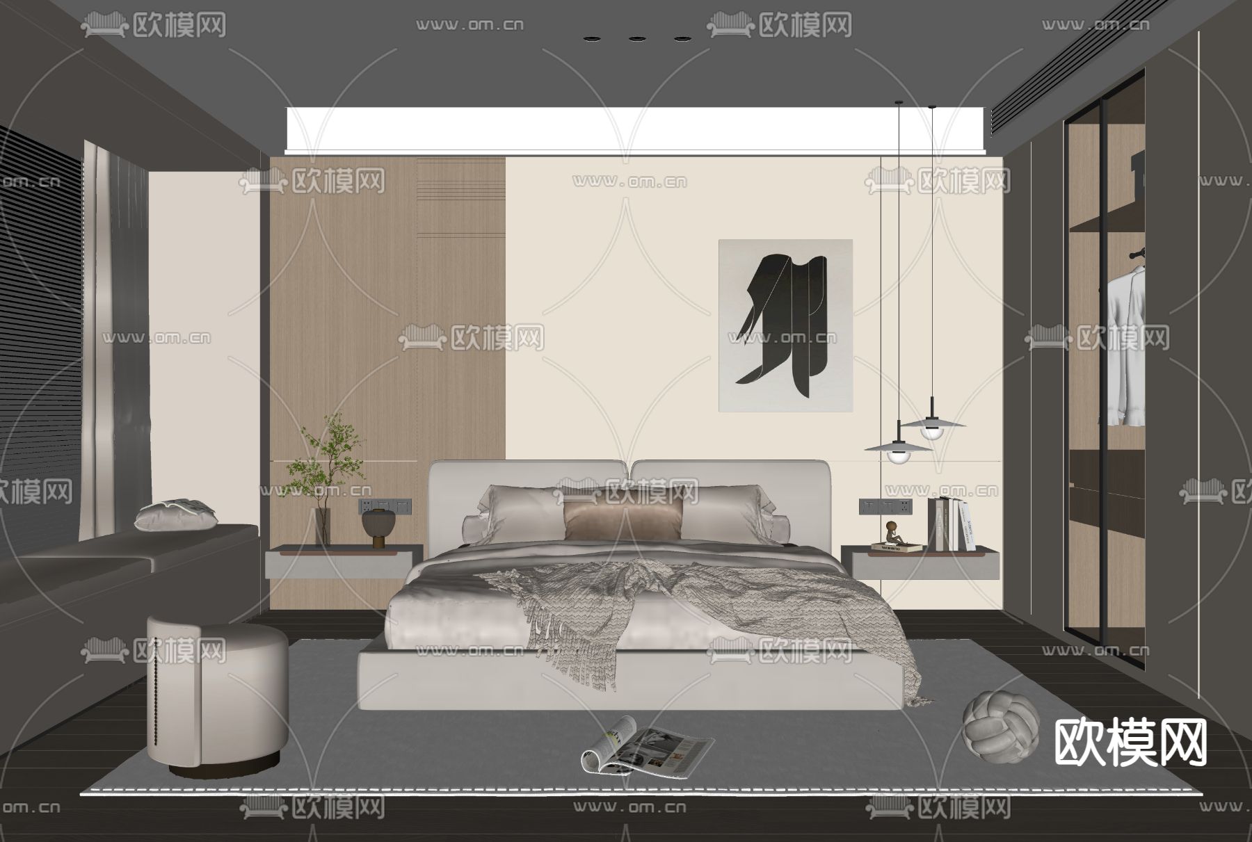 奶油风卧室su模型下载（渲染图2）