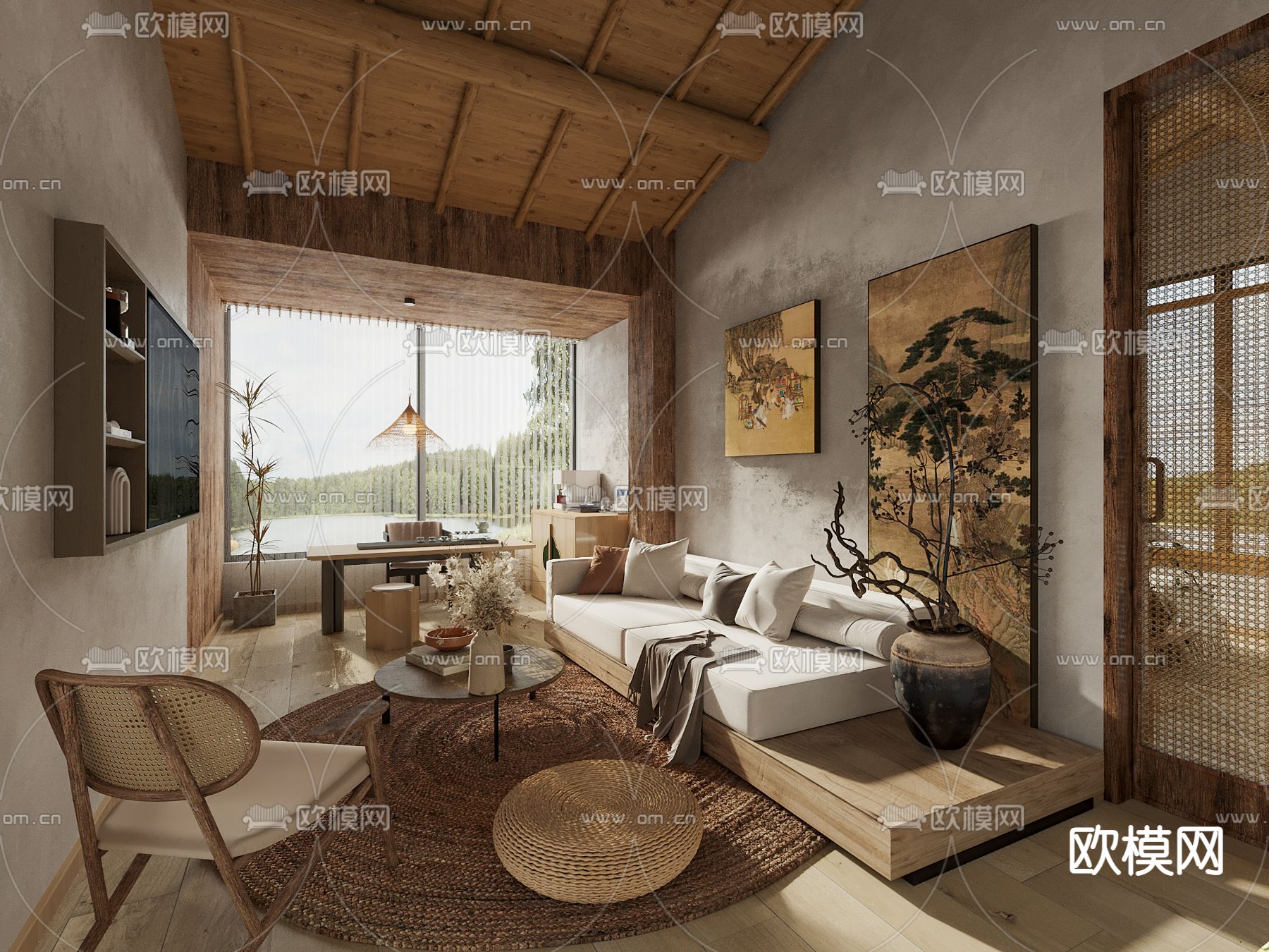 侘寂风民宿 客厅3d模型下载