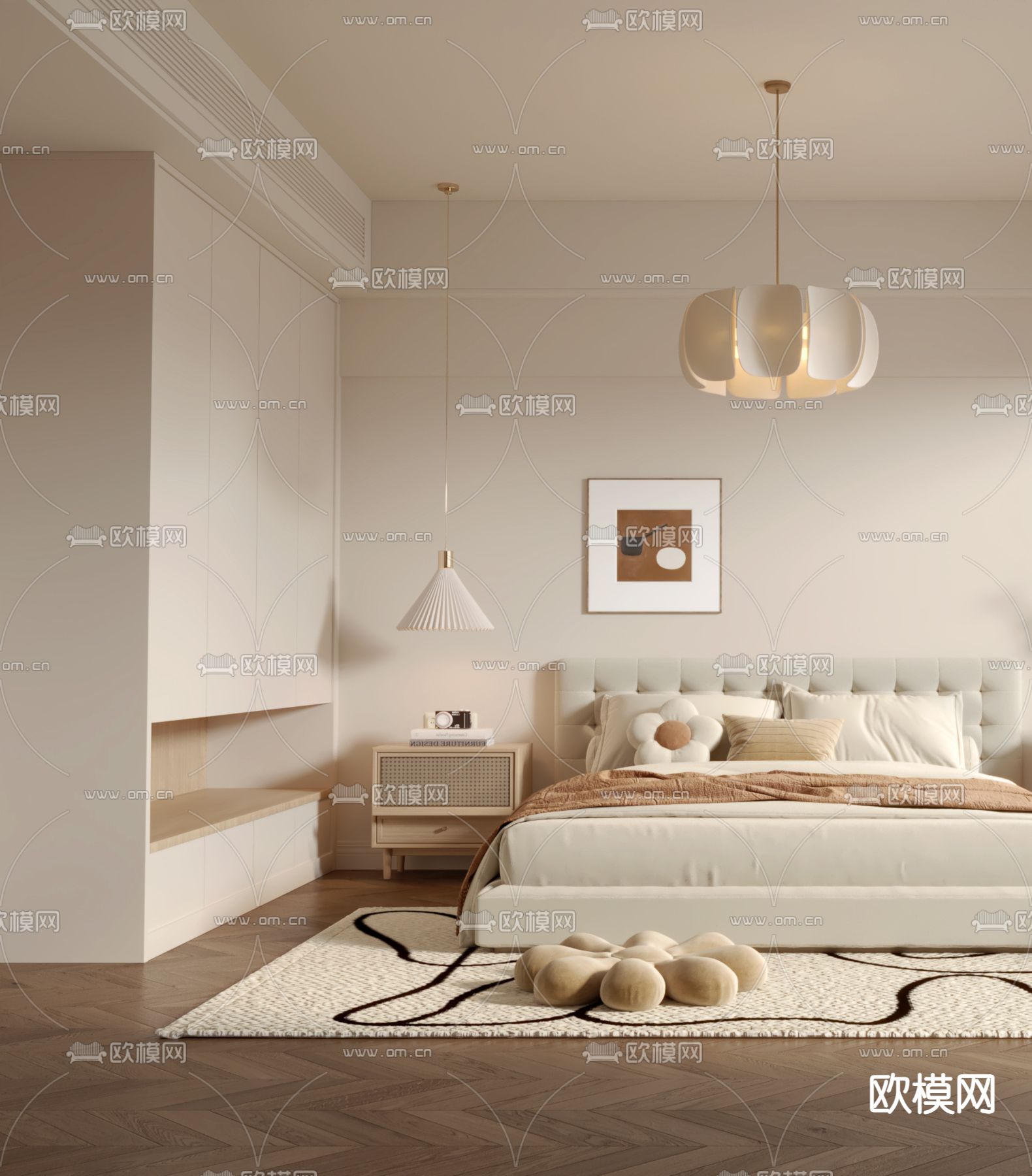 奶油风卧室 主卧 主人房3d模型下载（渲染图2）