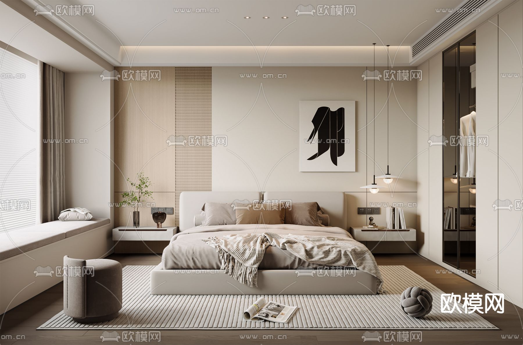 奶油风卧室su模型下载（渲染图1）