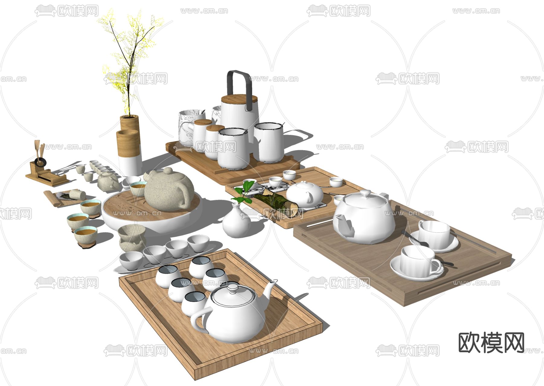 中式茶具 茶壶茶盘su模型下载（渲染图2）