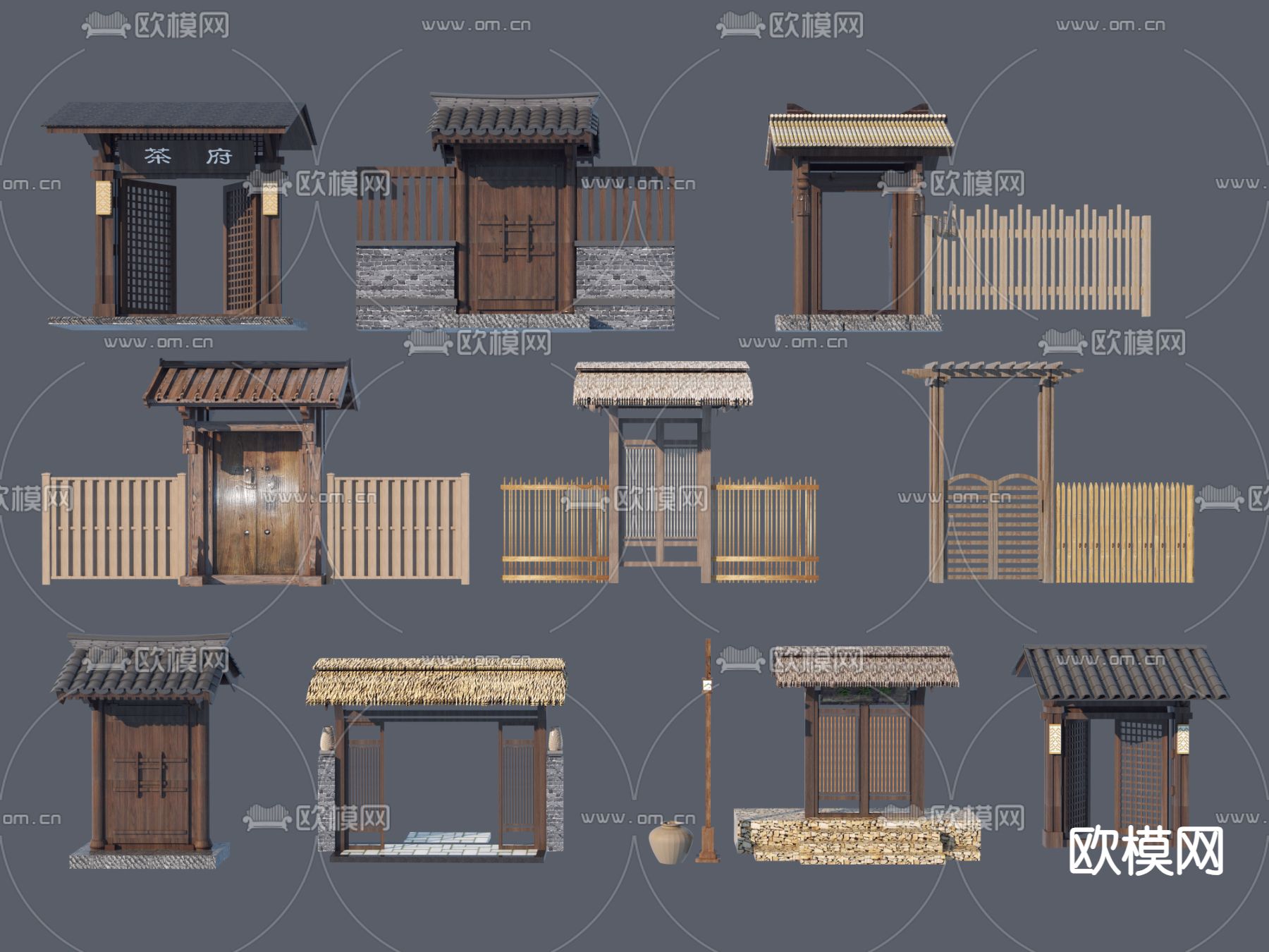 中式院墙 篱笆墙 庭院门 院落门头3d模型下载