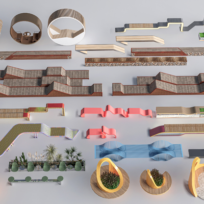  现代景观座椅 户外长椅su模型 