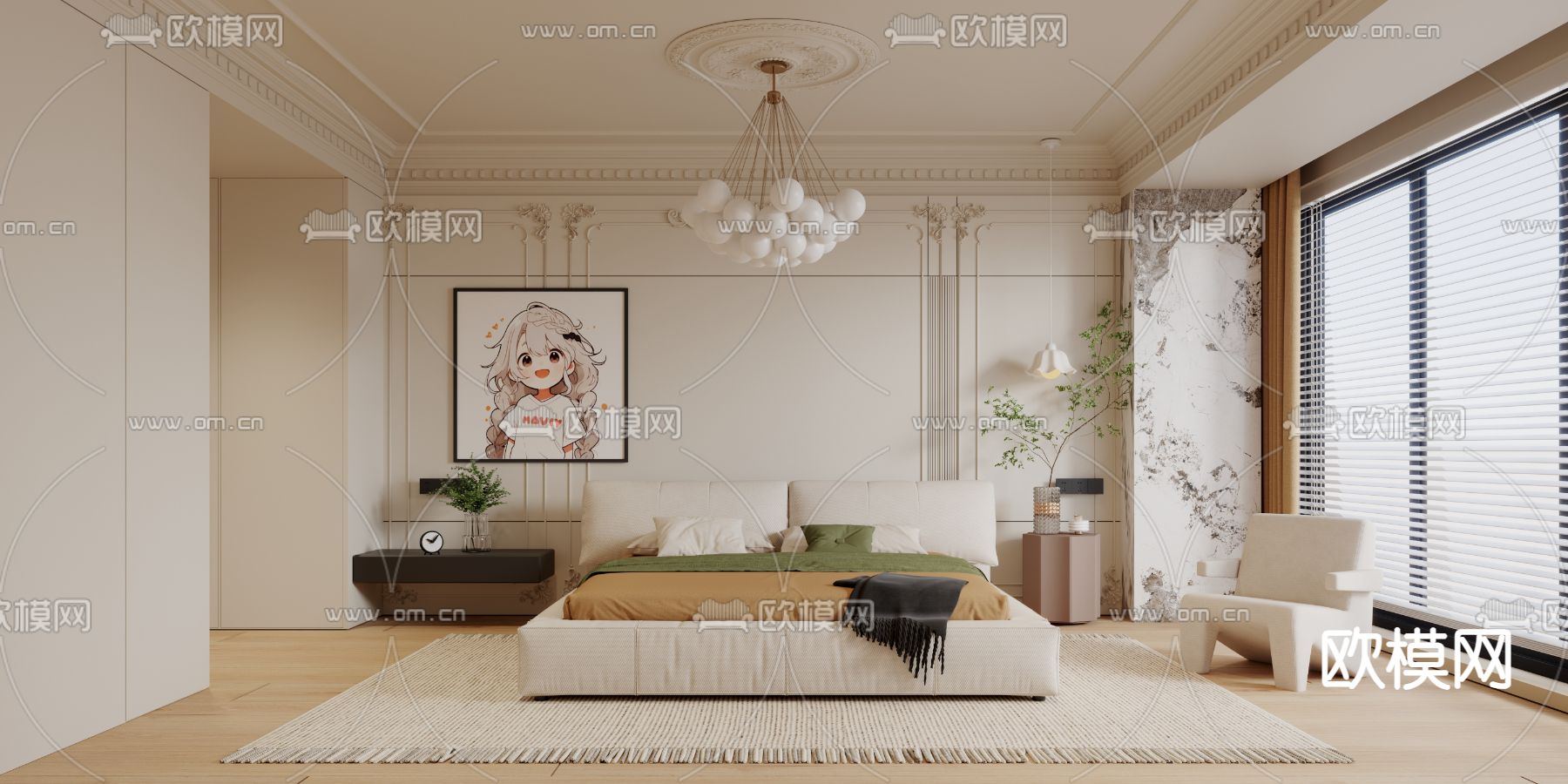 奶油风卧室 主卧 主人房3d模型下载