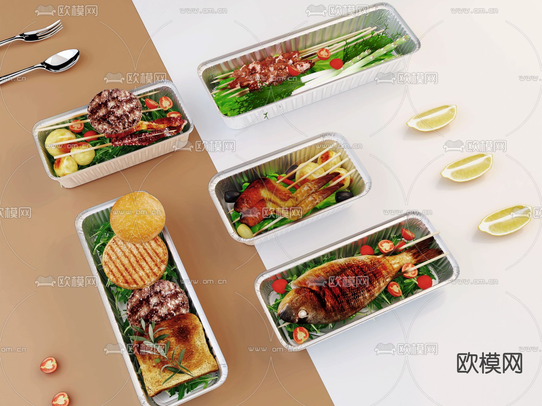 锡箔纸 餐盒 烧烤食物3d模型下载（渲染图1）