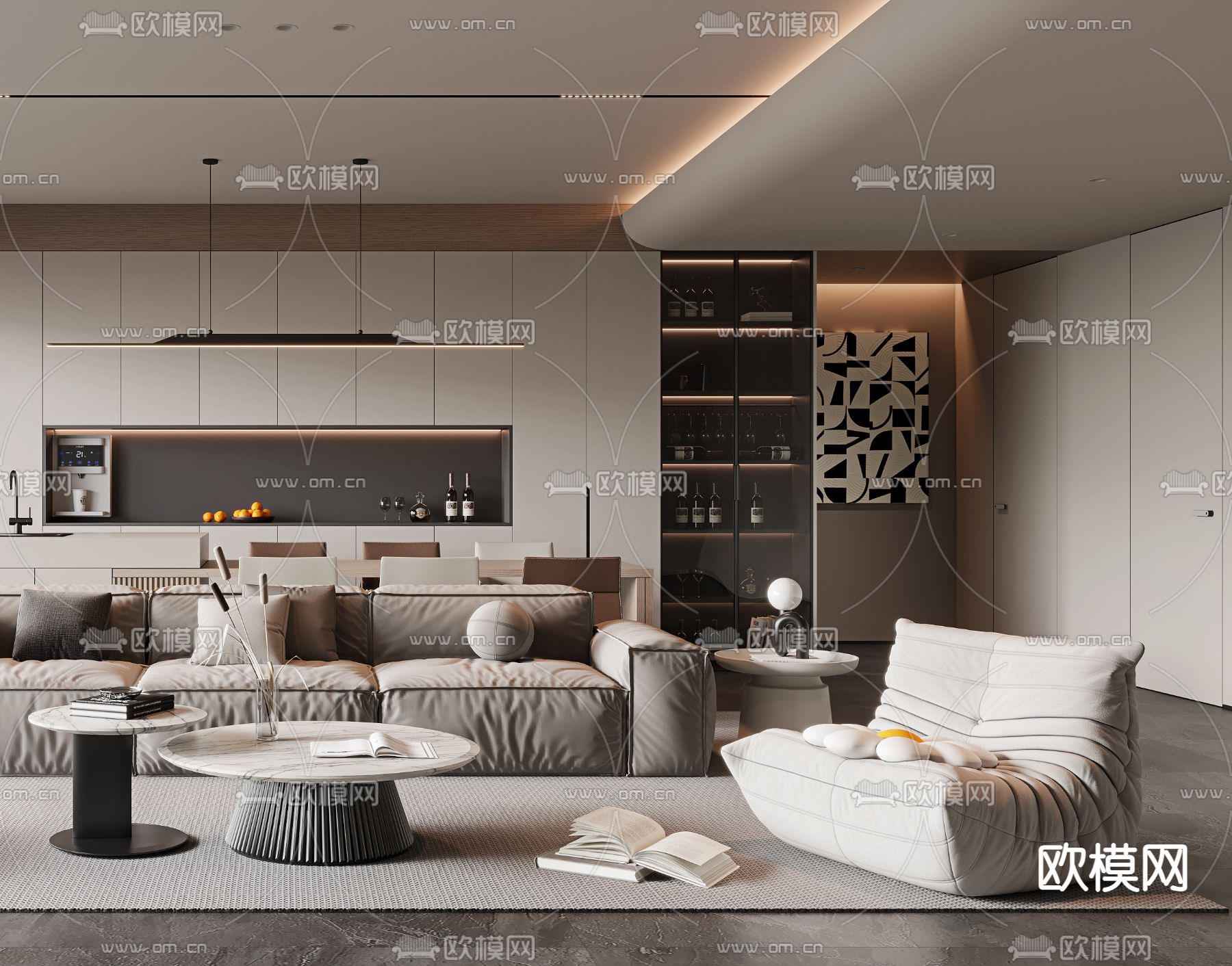 现代客厅 餐厅3d模型下载（渲染图3）