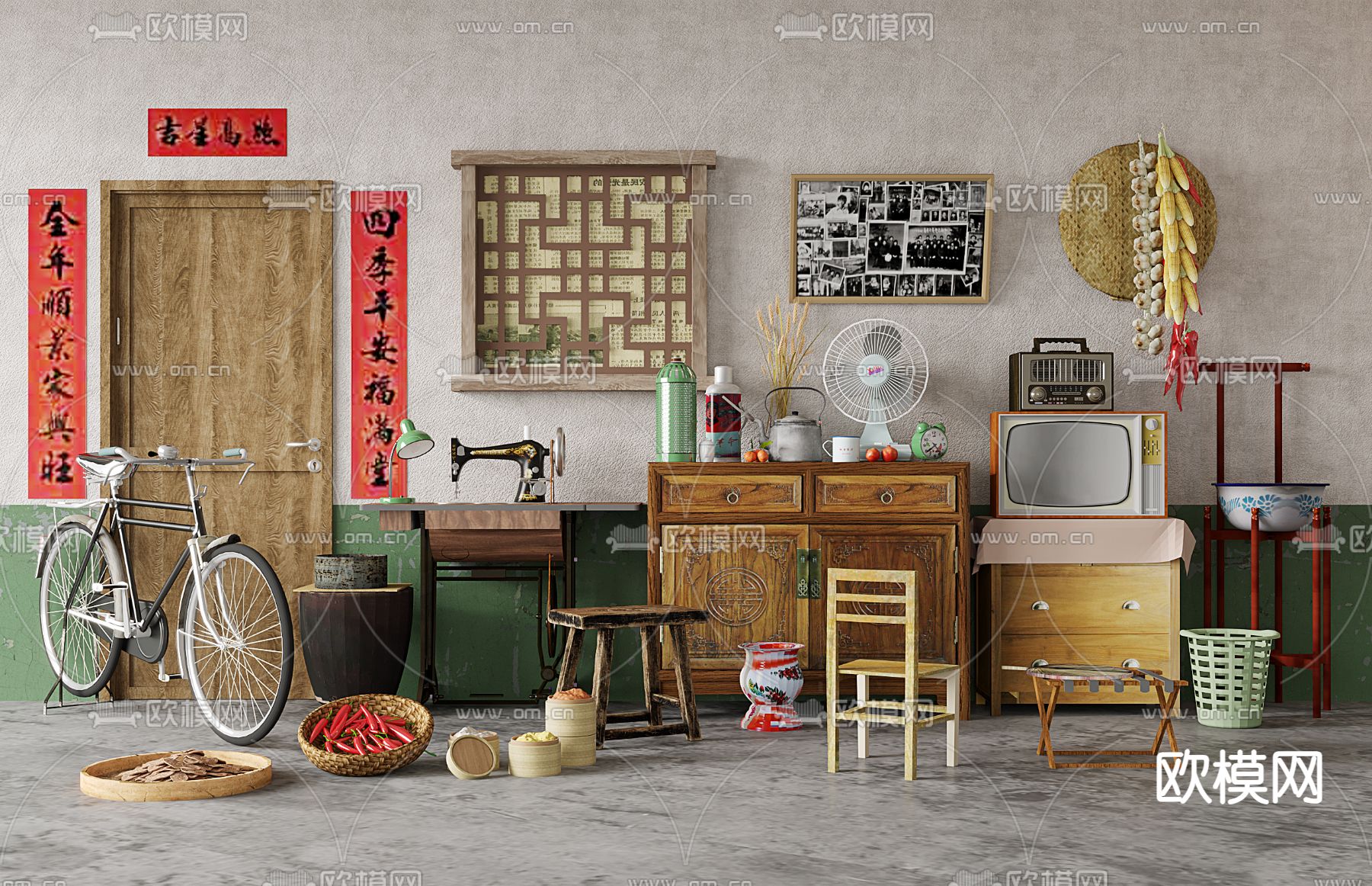 民国风美陈 缝纫机 复古电视 收音机3d模型下载