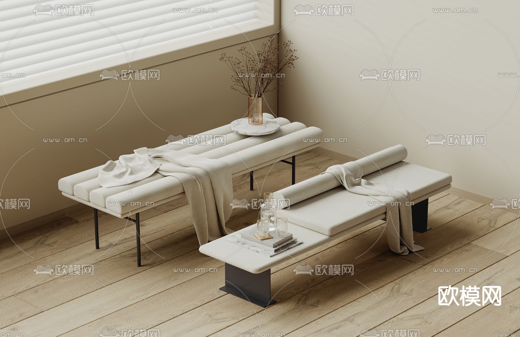 奶油风脚踏 床尾凳3d模型下载