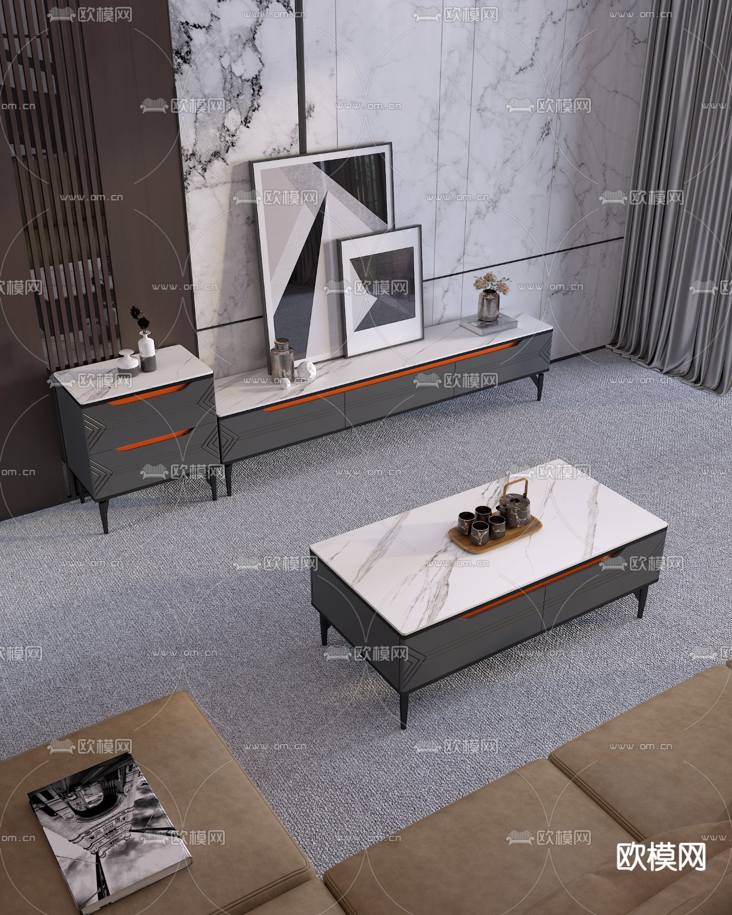 高级灰电视柜 茶几3d模型下载