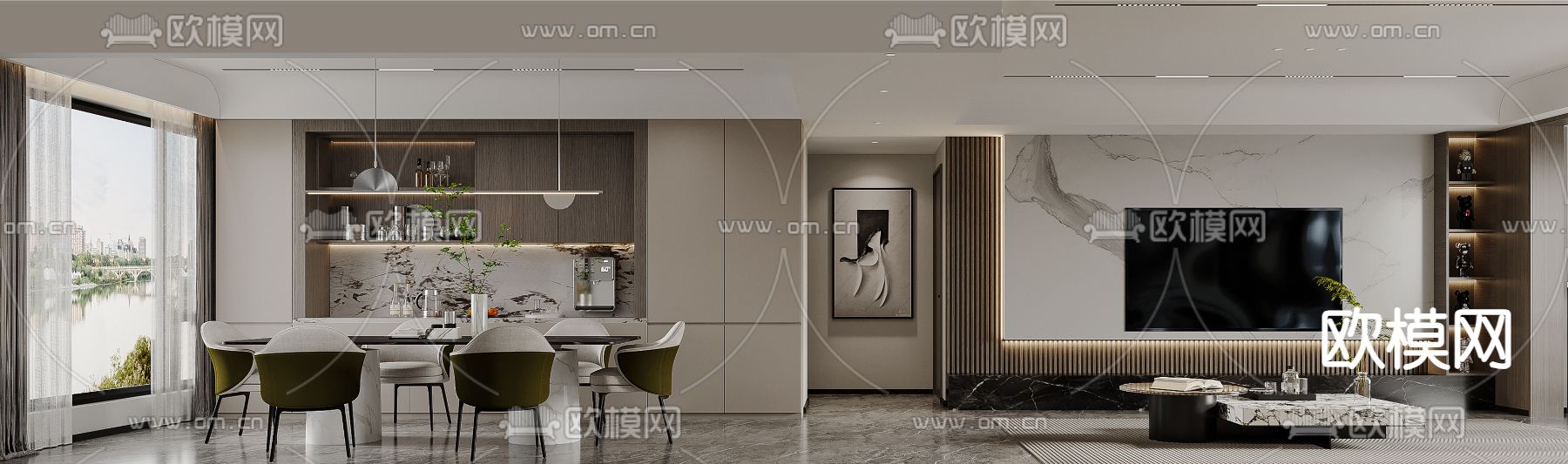 现代客厅 餐厅3d模型下载（渲染图2）