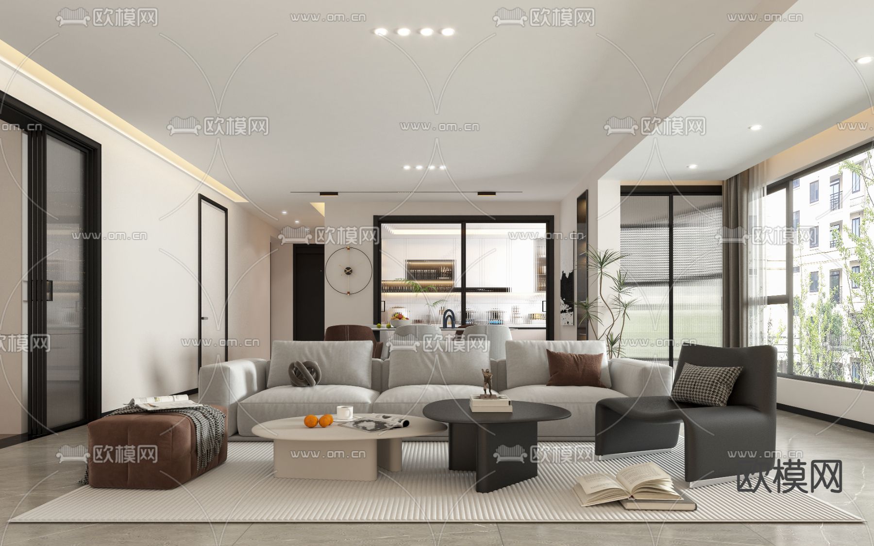 现代客厅 餐厅3d模型下载（渲染图1）